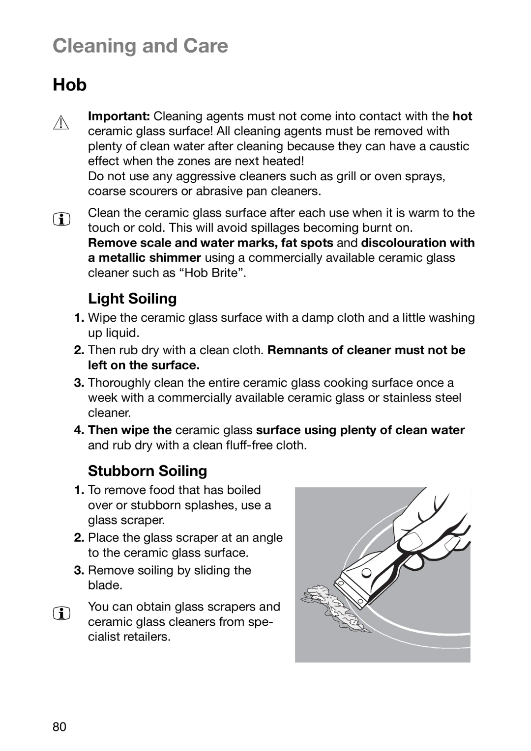 Zanussi ZKF 661 LX, ZKF 661 LN manual Cleaning and Care, Hob, Light Soiling, Stubborn Soiling 