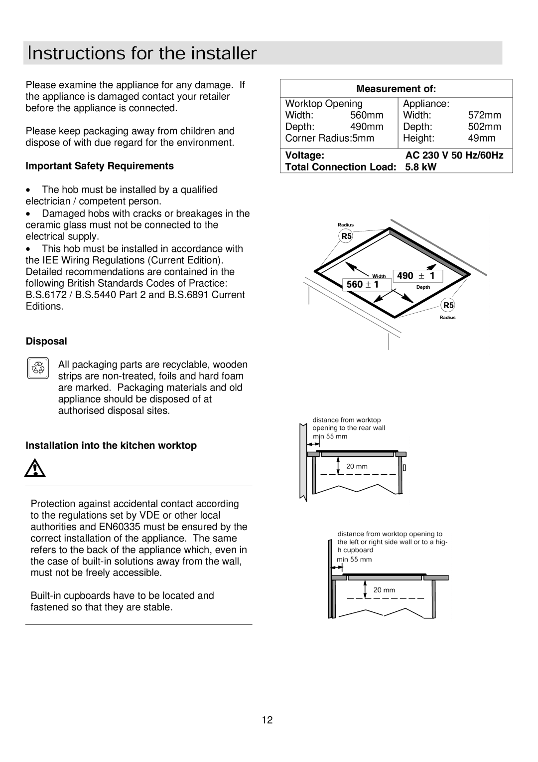 Zanussi ZKF641 installation instructions Important Safety Requirements, Installation into the kitchen worktop, Measurement 