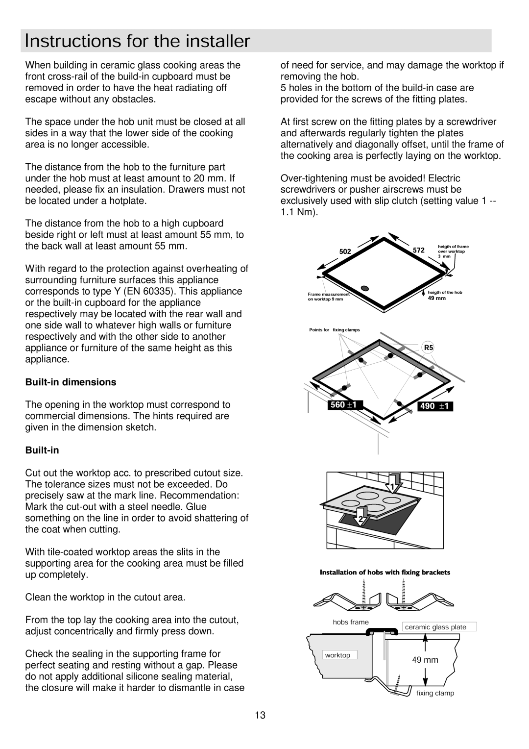 Zanussi ZKF641 installation instructions Built-in dimensions 