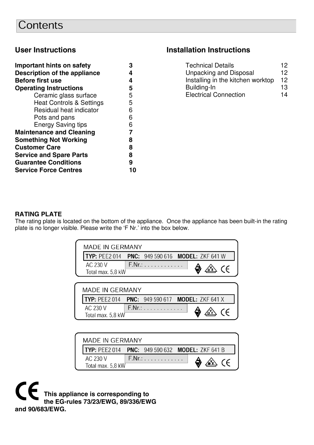 Zanussi ZKF641 installation instructions User Instructions Installation Instructions 