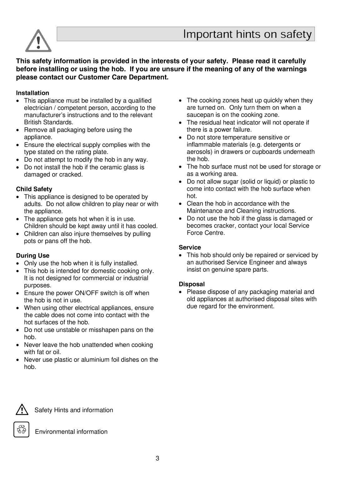 Zanussi ZKF641 installation instructions Installation, Child Safety, During Use, Service, Disposal 