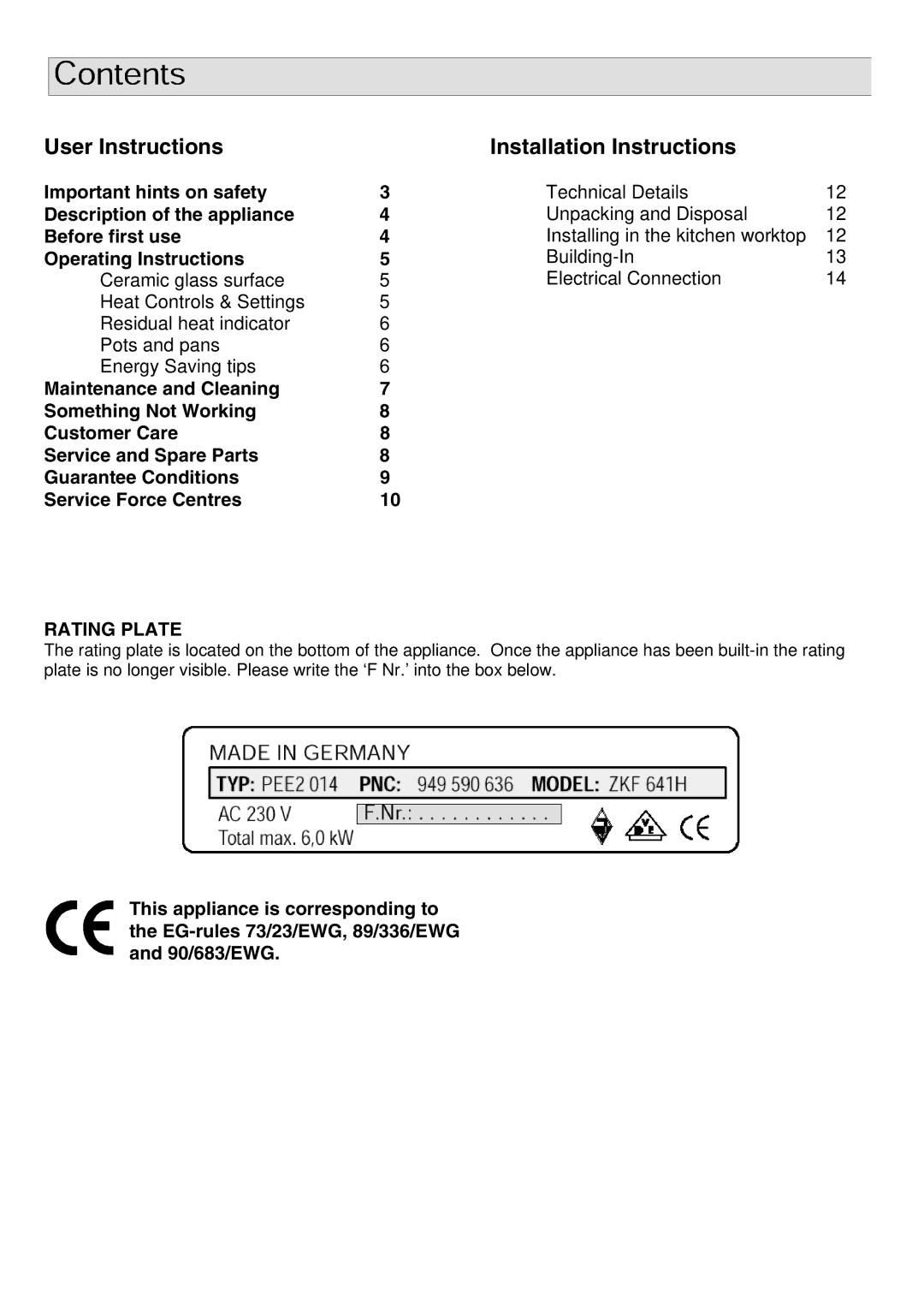 Zanussi ZKF641H manual User Instructions Installation Instructions 