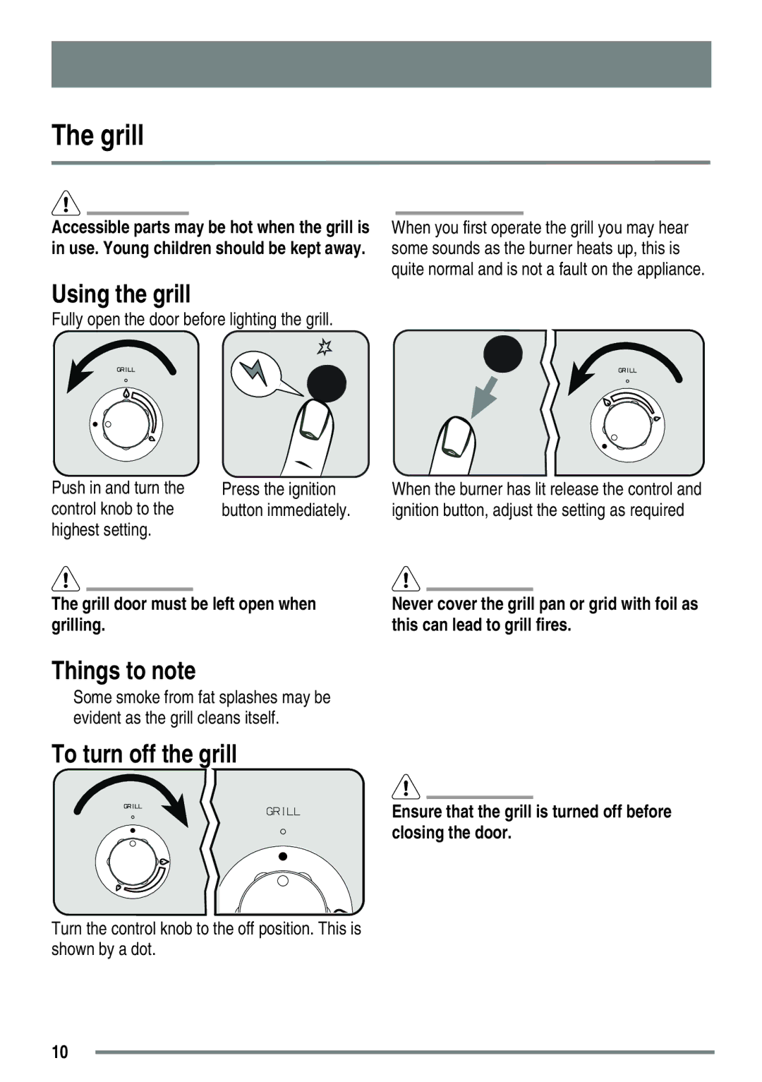 Zanussi ZKG5020 manual Grill, Using the grill, To turn off the grill 