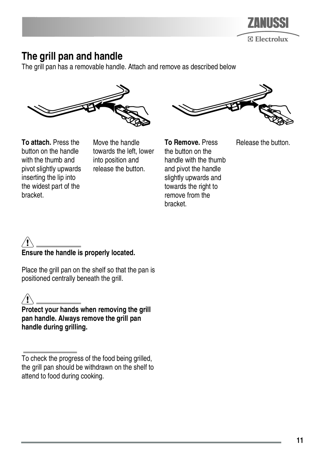Zanussi ZKG5020 manual Grill pan and handle, To Remove. Press 