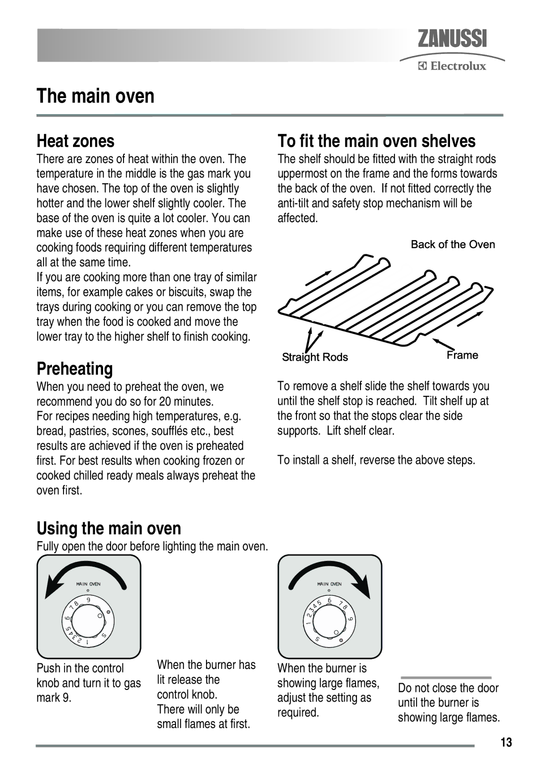 Zanussi ZKG5020 manual Main oven, Heat zones, To fit the main oven shelves, Preheating, Using the main oven 