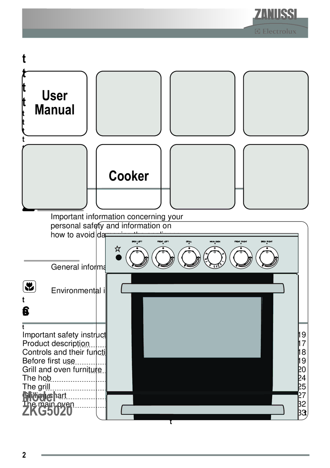 Zanussi ZKG5020 manual Contents 