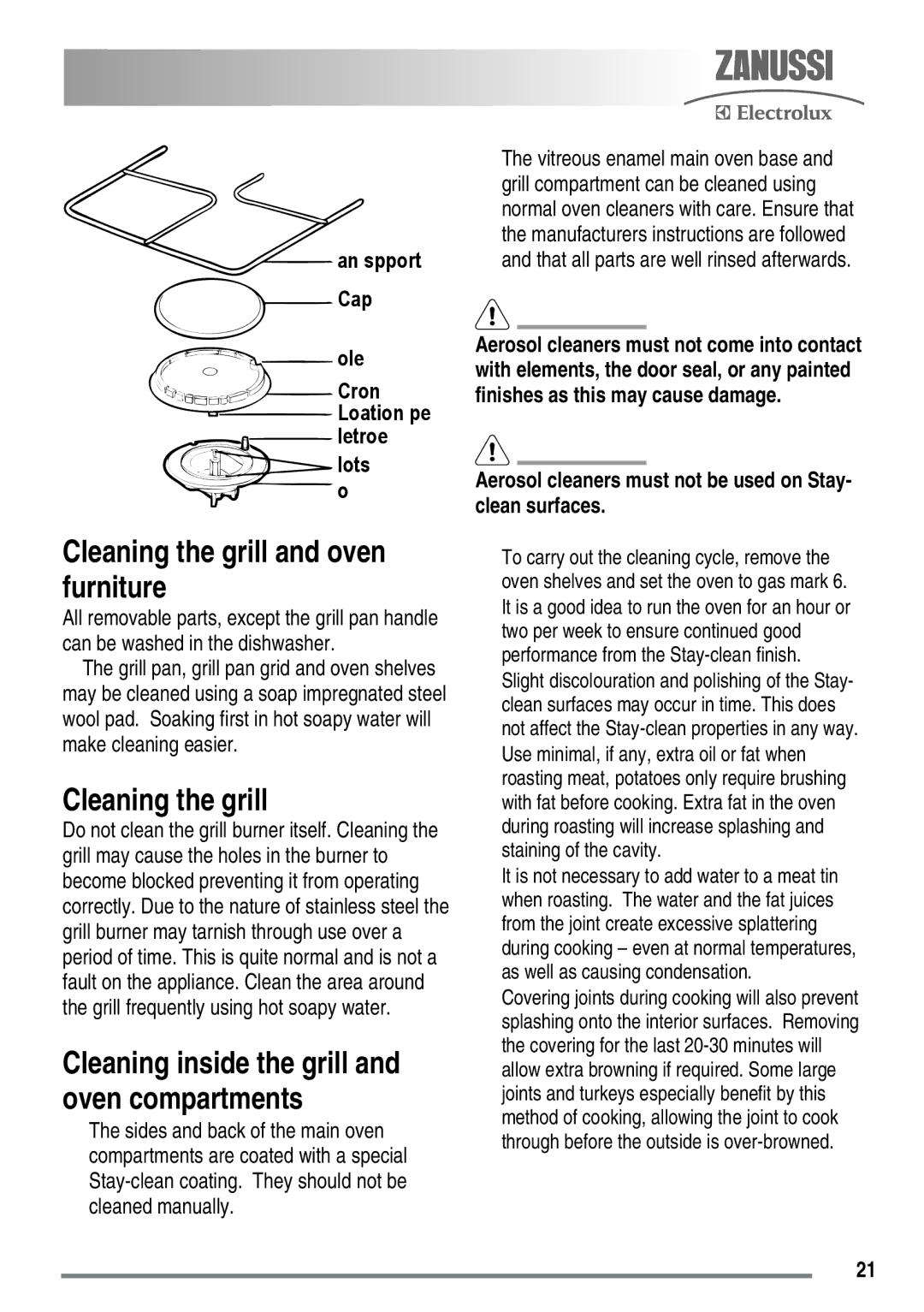 Zanussi ZKG5020 manual Cleaning the grill and oven furniture 