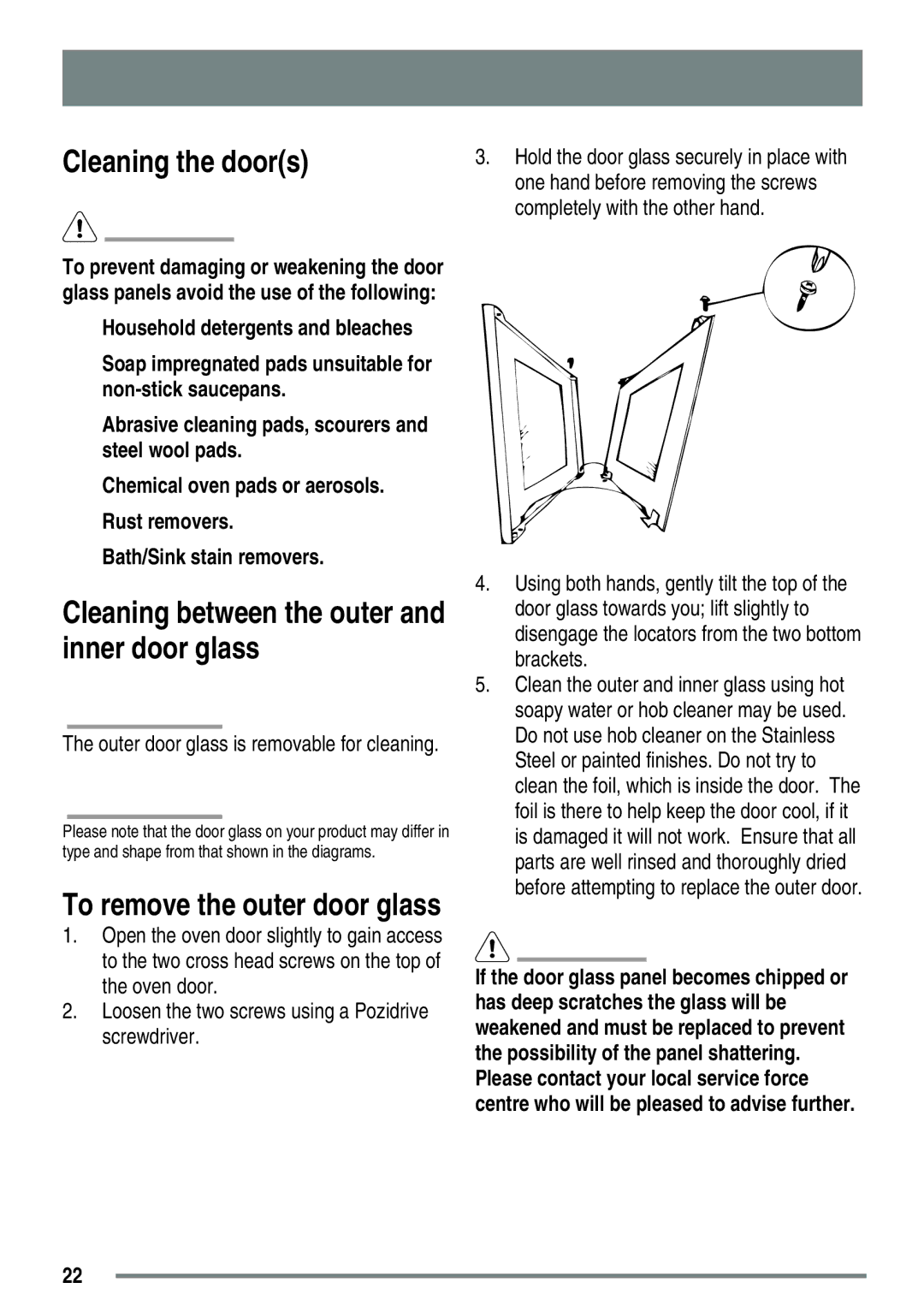 Zanussi ZKG5020 manual Cleaning the doors, Cleaning between the outer and inner door glass 