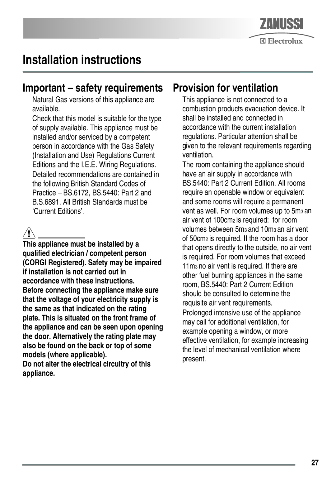 Zanussi ZKG5020 manual Installation instructions, Provision for ventilation 