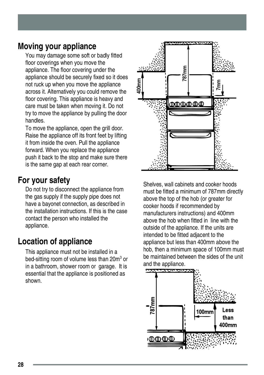 Zanussi ZKG5020 manual Moving your appliance, For your safety, Location of appliance 