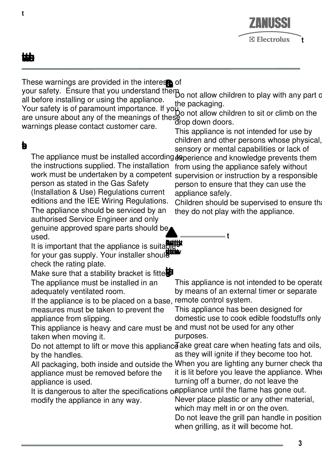 Zanussi ZKG5020 manual Important safety instructions, Installation, Child safety, During use 