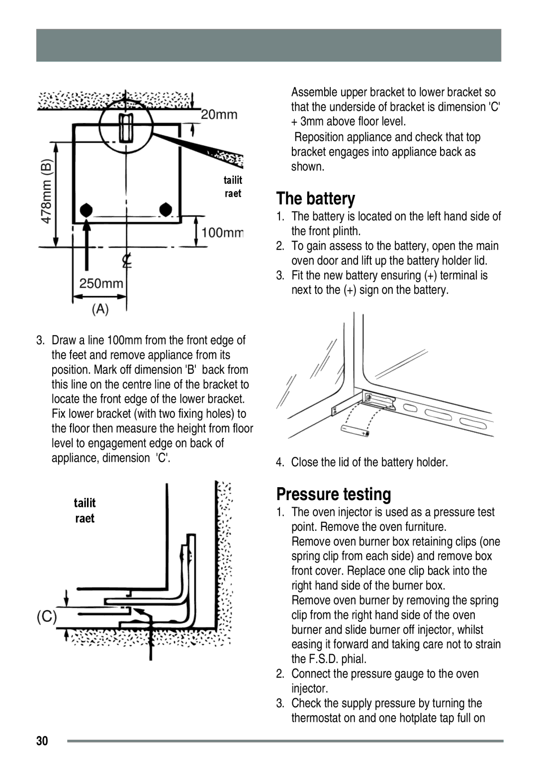 Zanussi ZKG5020 manual Battery, Pressure testing 