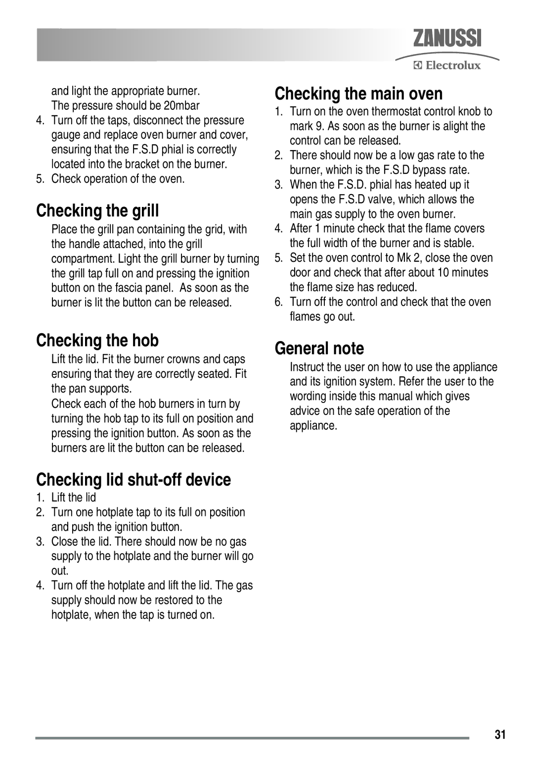 Zanussi ZKG5020 Checking the grill, Checking the main oven, Checking the hob, General note, Checking lid shut-off device 