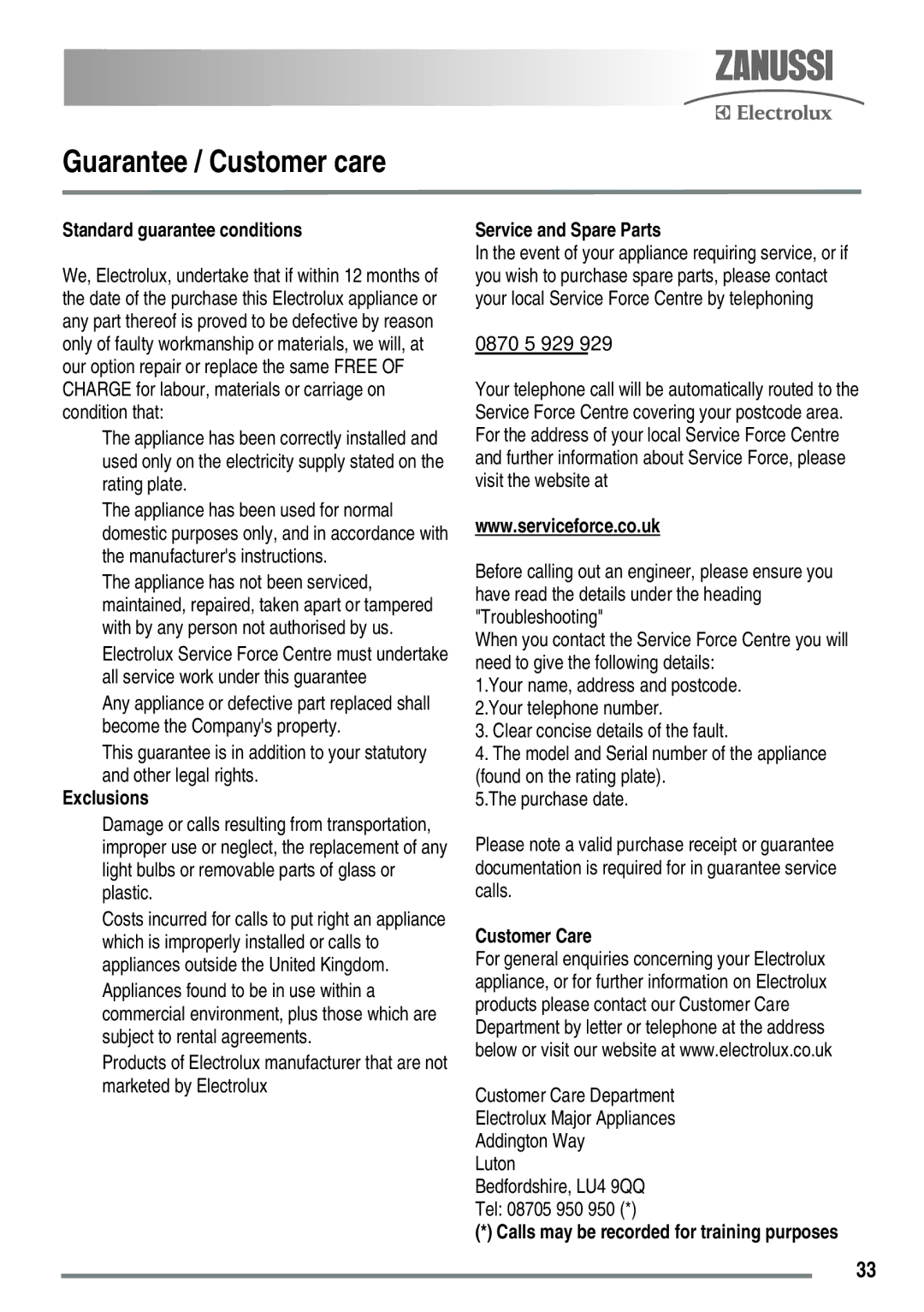 Zanussi ZKG5020 manual Guarantee / Customer care, Standard guarantee conditions 