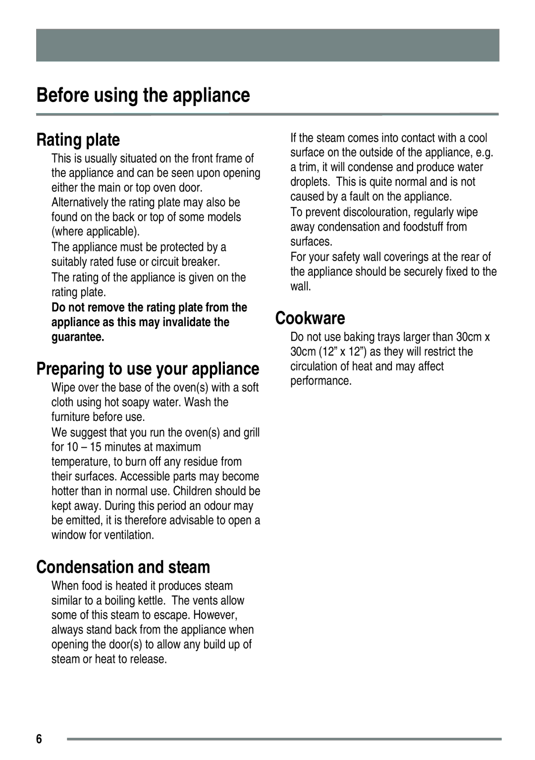 Zanussi ZKG5020 manual Before using the appliance Rating plate, Condensation and steam, Cookware 