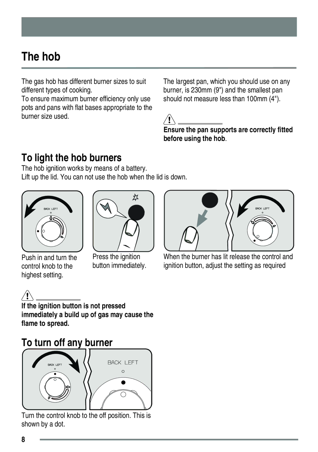 Zanussi ZKG5020 manual Hob, To light the hob burners, To turn off any burner 