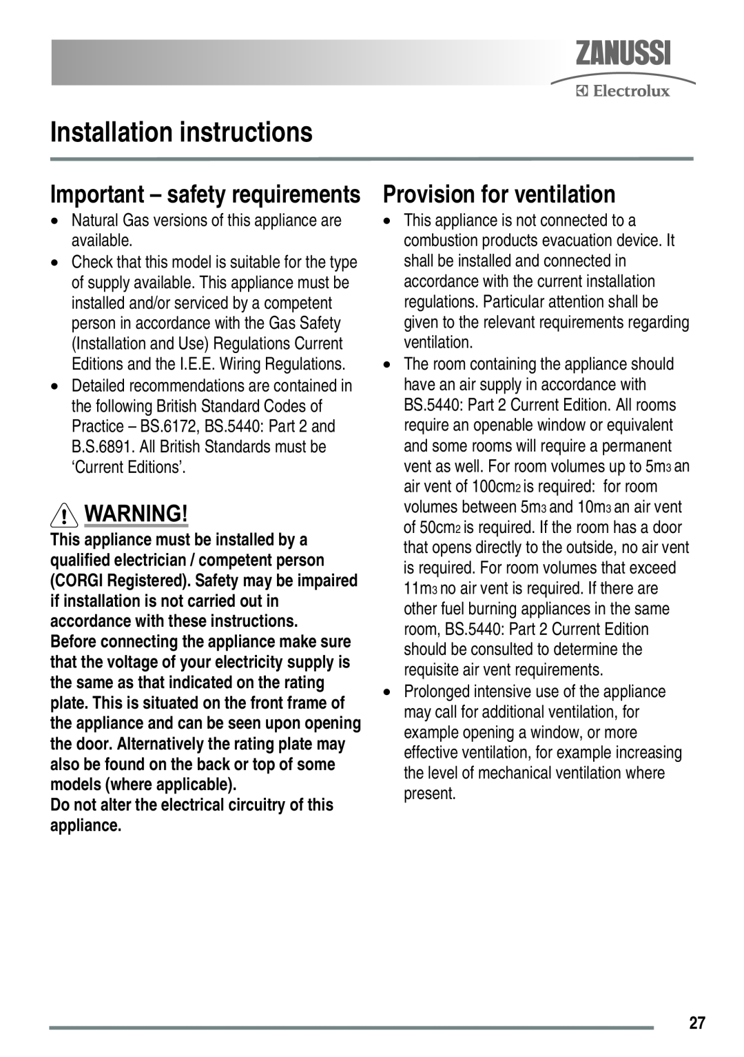 Zanussi ZKG5020 manual Installation instructions, Provision for ventilation, Important - safety requirements 