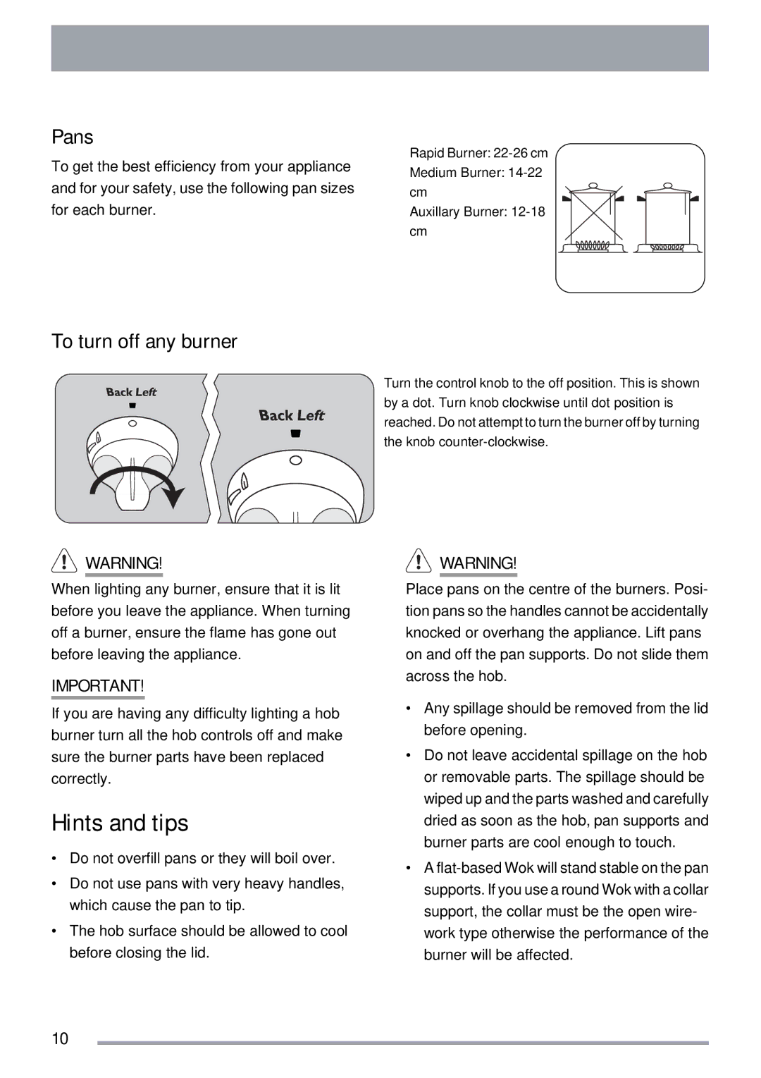 Zanussi ZKG5030 manual Hints and tips, Pans, To turn off any burner 