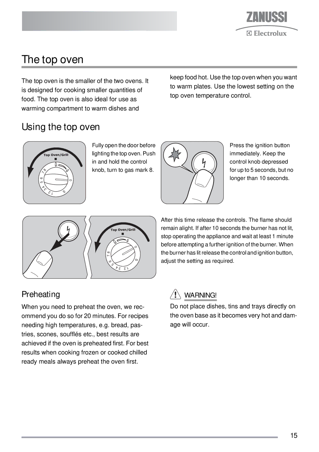 Zanussi ZKG5030 manual Top oven, Using the top oven, Preheating 