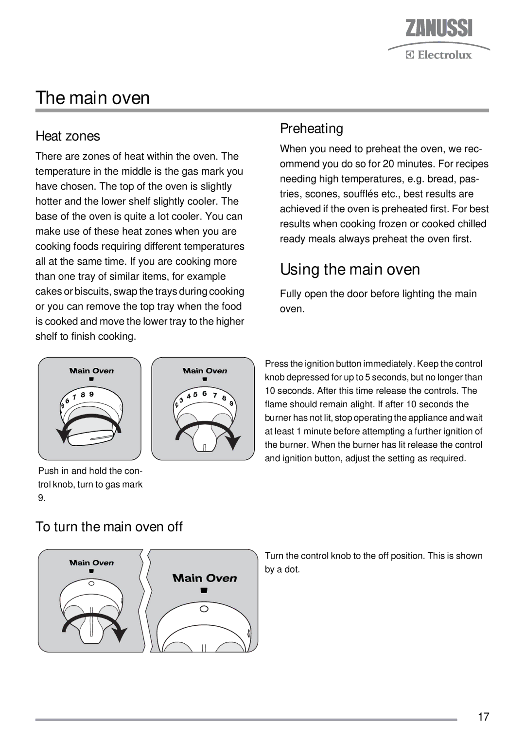 Zanussi ZKG5030 manual Main oven, Using the main oven, Heat zones, To turn the main oven off 