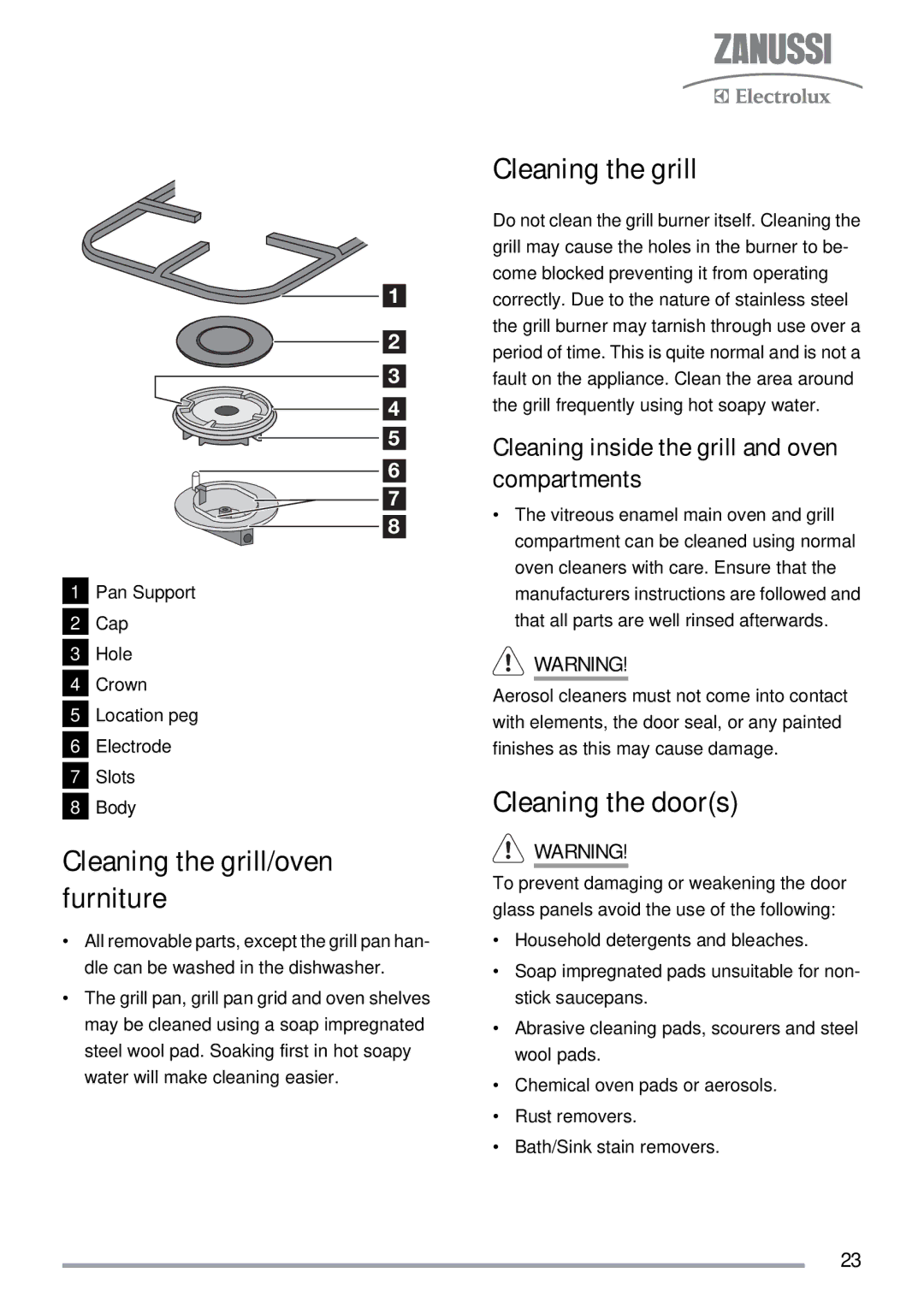 Zanussi ZKG5030 Cleaning the grill/oven furniture, Cleaning the doors, Cleaning inside the grill and oven compartments 