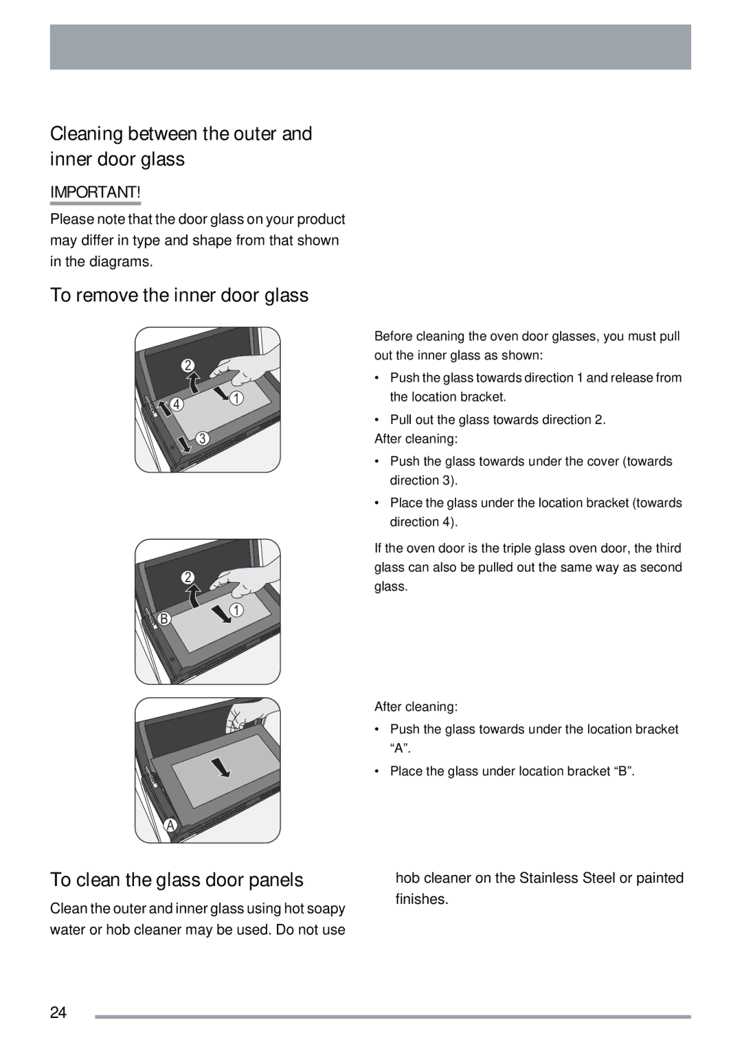 Zanussi ZKG5030 manual Cleaning between the outer and inner door glass, To remove the inner door glass 