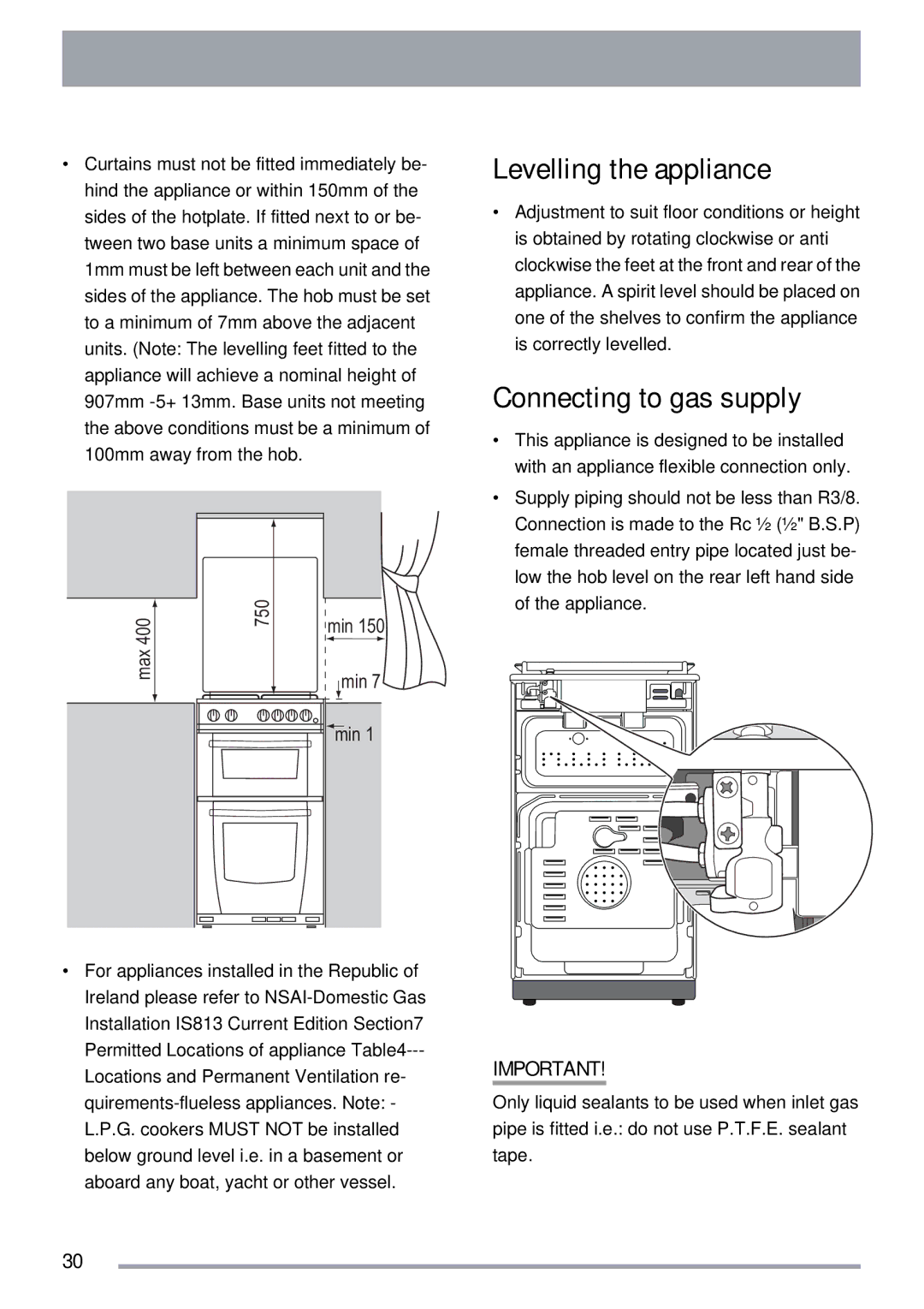 Zanussi ZKG5030 manual Levelling the appliance, Connecting to gas supply 