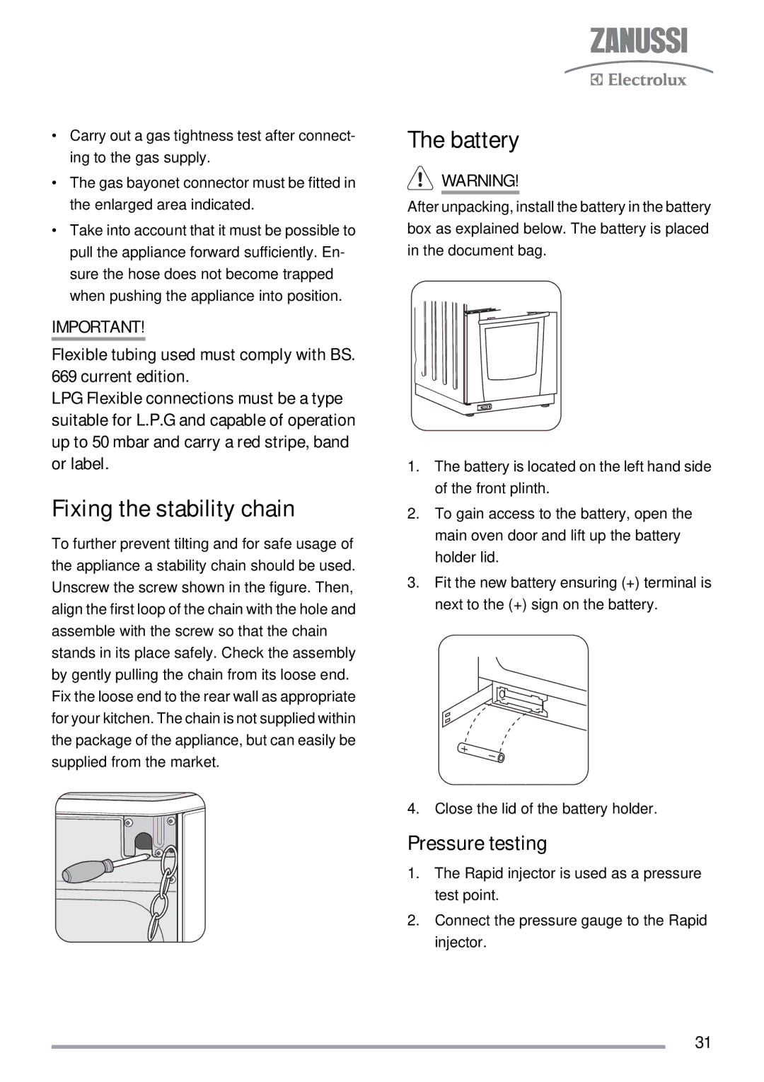 Zanussi ZKG5030 manual Fixing the stability chain, Battery, Pressure testing 