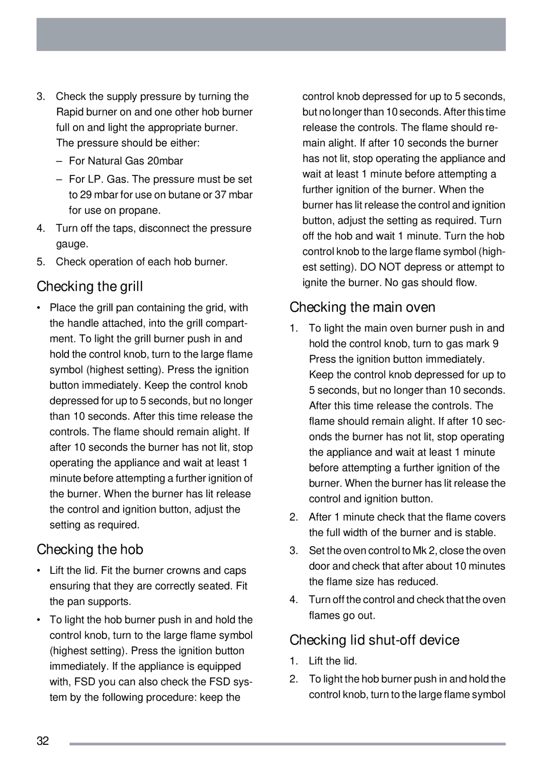 Zanussi ZKG5030 manual Checking the grill, Checking the hob, Checking the main oven, Checking lid shut-off device 