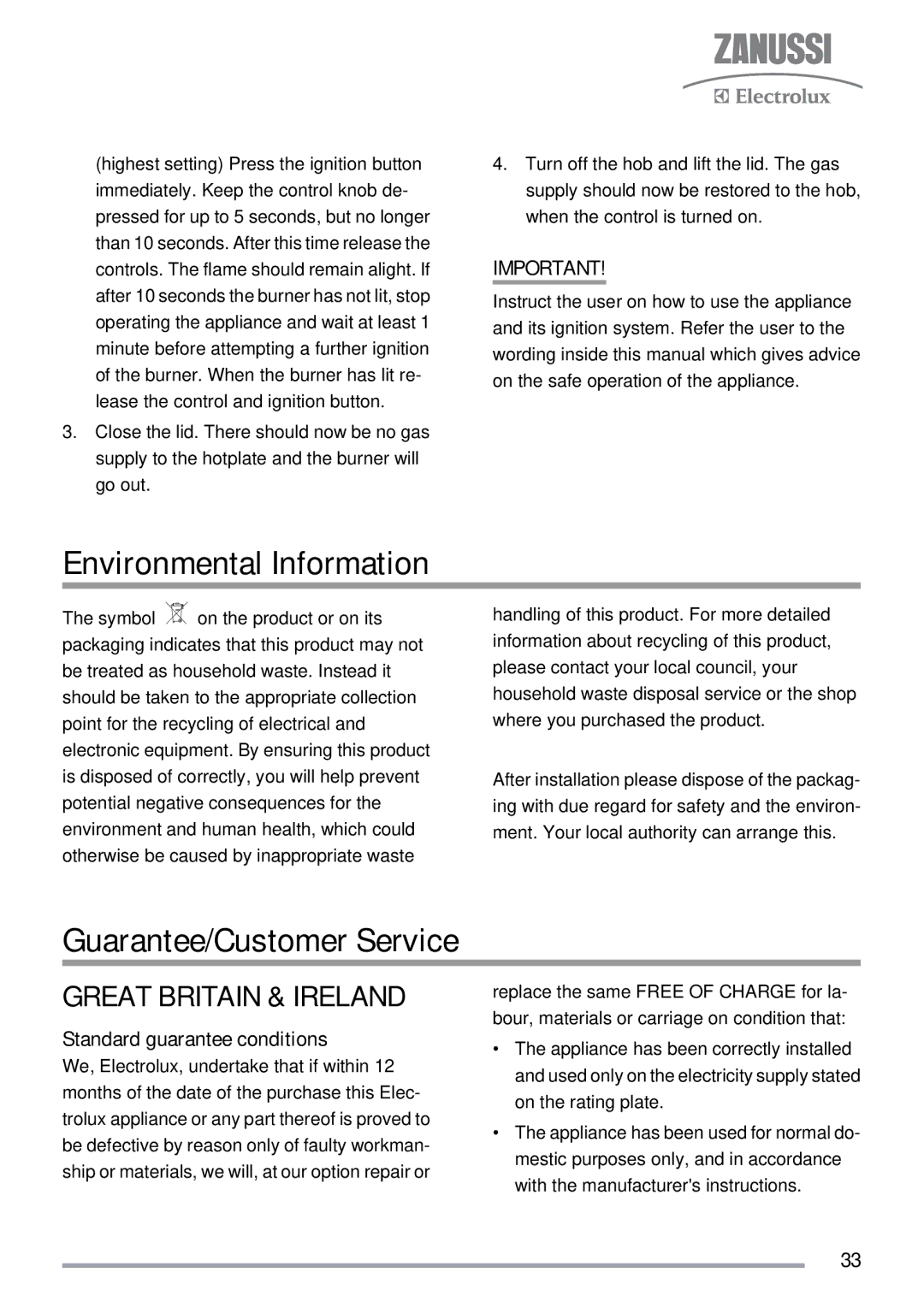 Zanussi ZKG5030 manual Environmental Information, Guarantee/Customer Service 