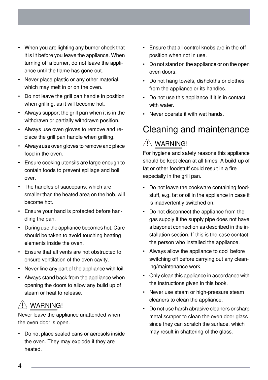 Zanussi ZKG5030 manual Cleaning and maintenance 