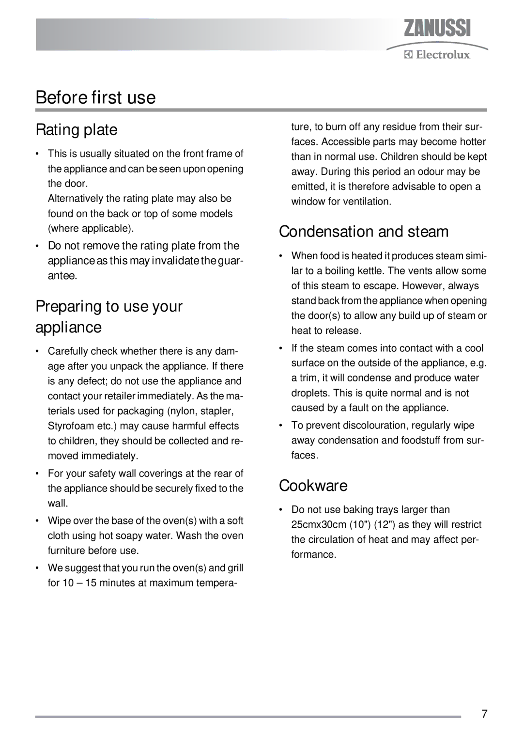 Zanussi ZKG5030 manual Before first use, Rating plate, Preparing to use your appliance, Condensation and steam, Cookware 