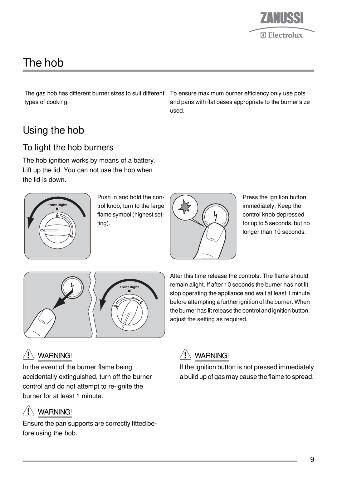 Zanussi ZKG5030 manual Hob, Using the hob, To light the hob burners 