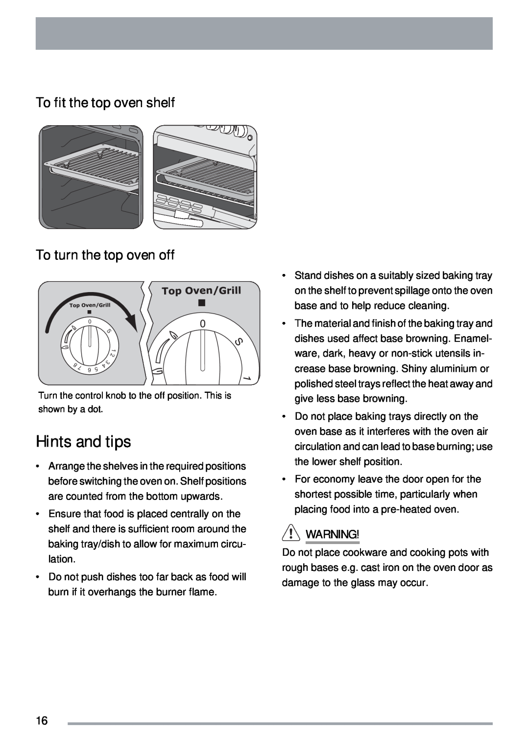 Zanussi ZKG5030 manual To fit the top oven shelf, To turn the top oven off, Hints and tips 