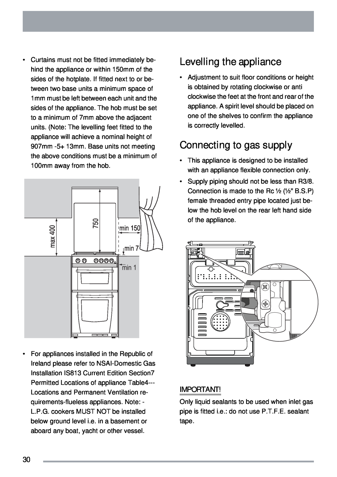 Zanussi ZKG5030 manual Levelling the appliance, Connecting to gas supply 