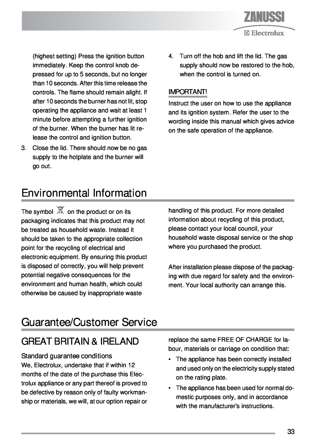 Zanussi ZKG5030 manual Environmental Information, Guarantee/Customer Service, Great Britain & Ireland 