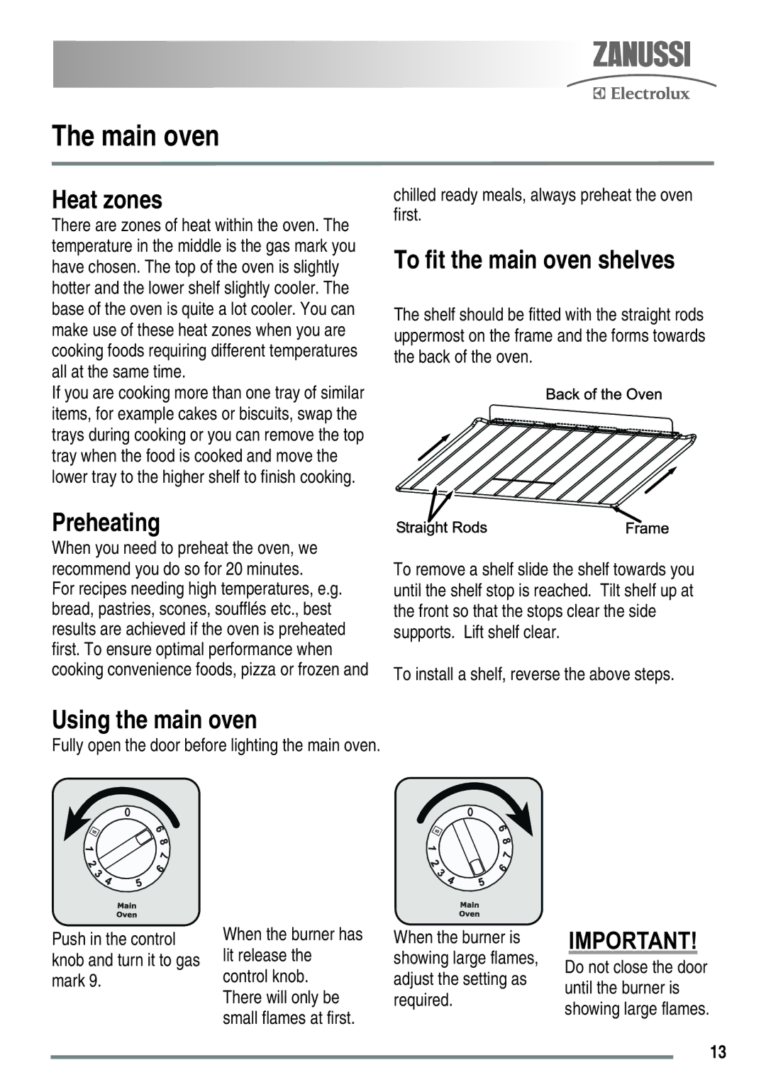 Zanussi ZKG5530 user manual Main oven, Heat zones, To fit the main oven shelves, Preheating, Using the main oven 