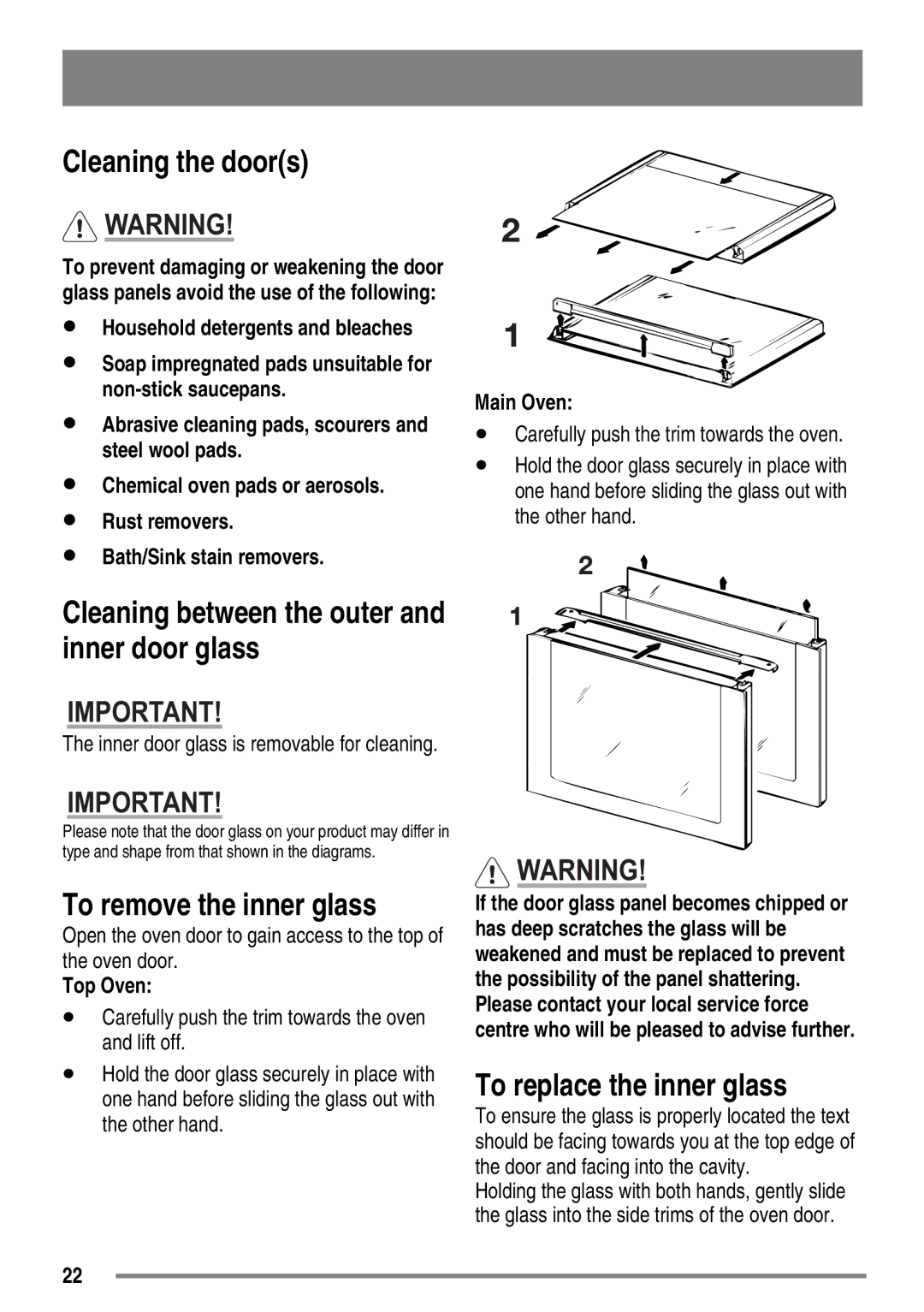 Zanussi ZKG5530 user manual Cleaning the doors, To remove the inner glass, To replace the inner glass 