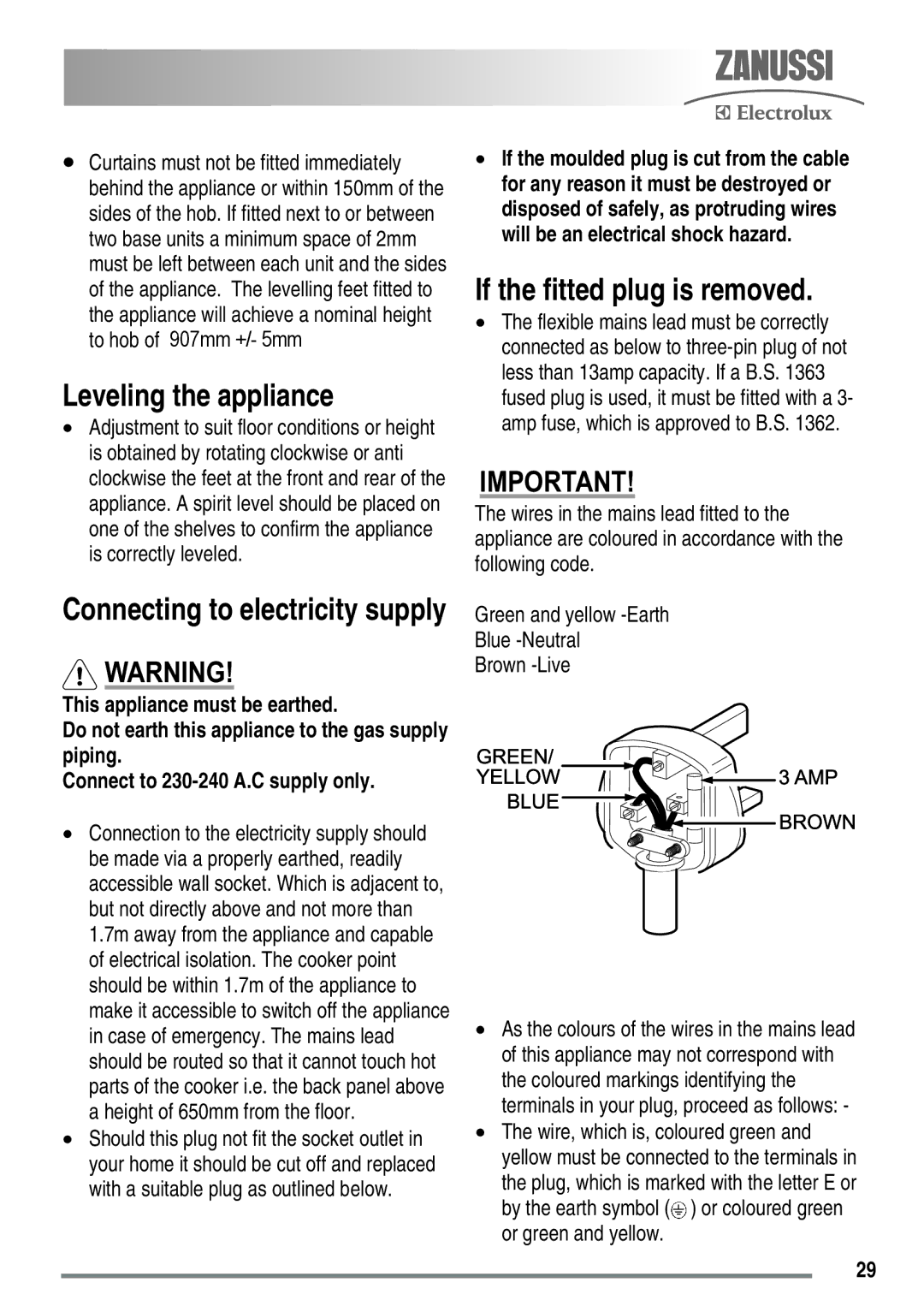 Zanussi ZKG5530 user manual Leveling the appliance, If the fitted plug is removed 