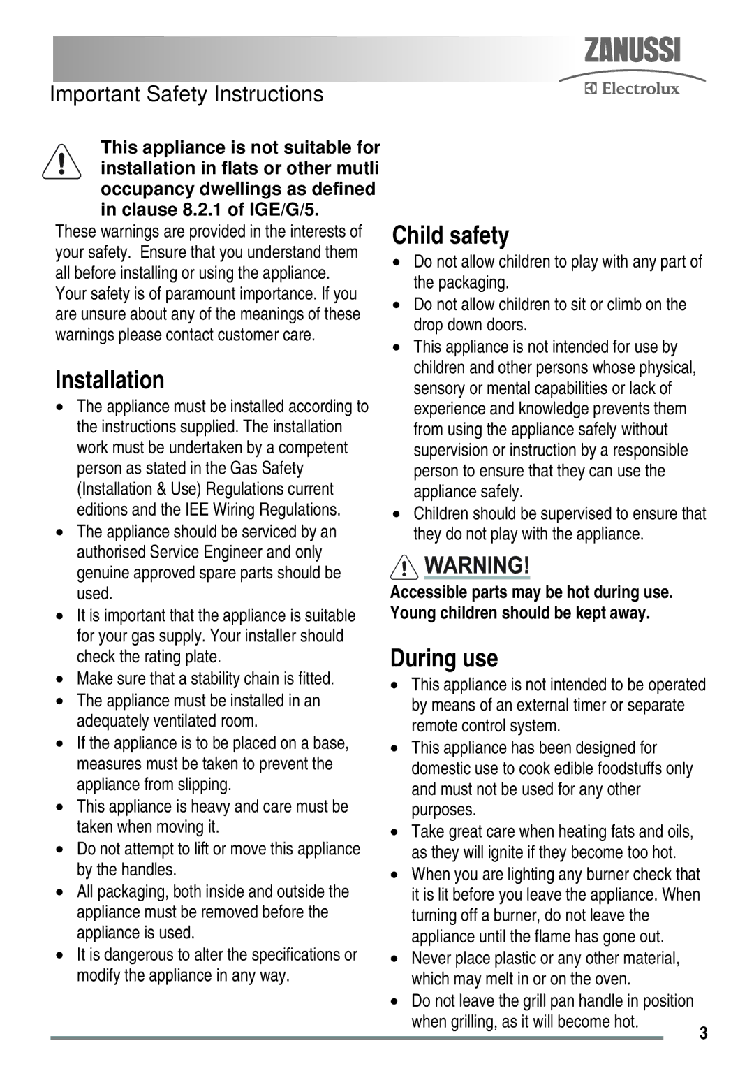 Zanussi ZKG5530 user manual Installation, Child safety, During use, Make sure that a stability chain is fitted 