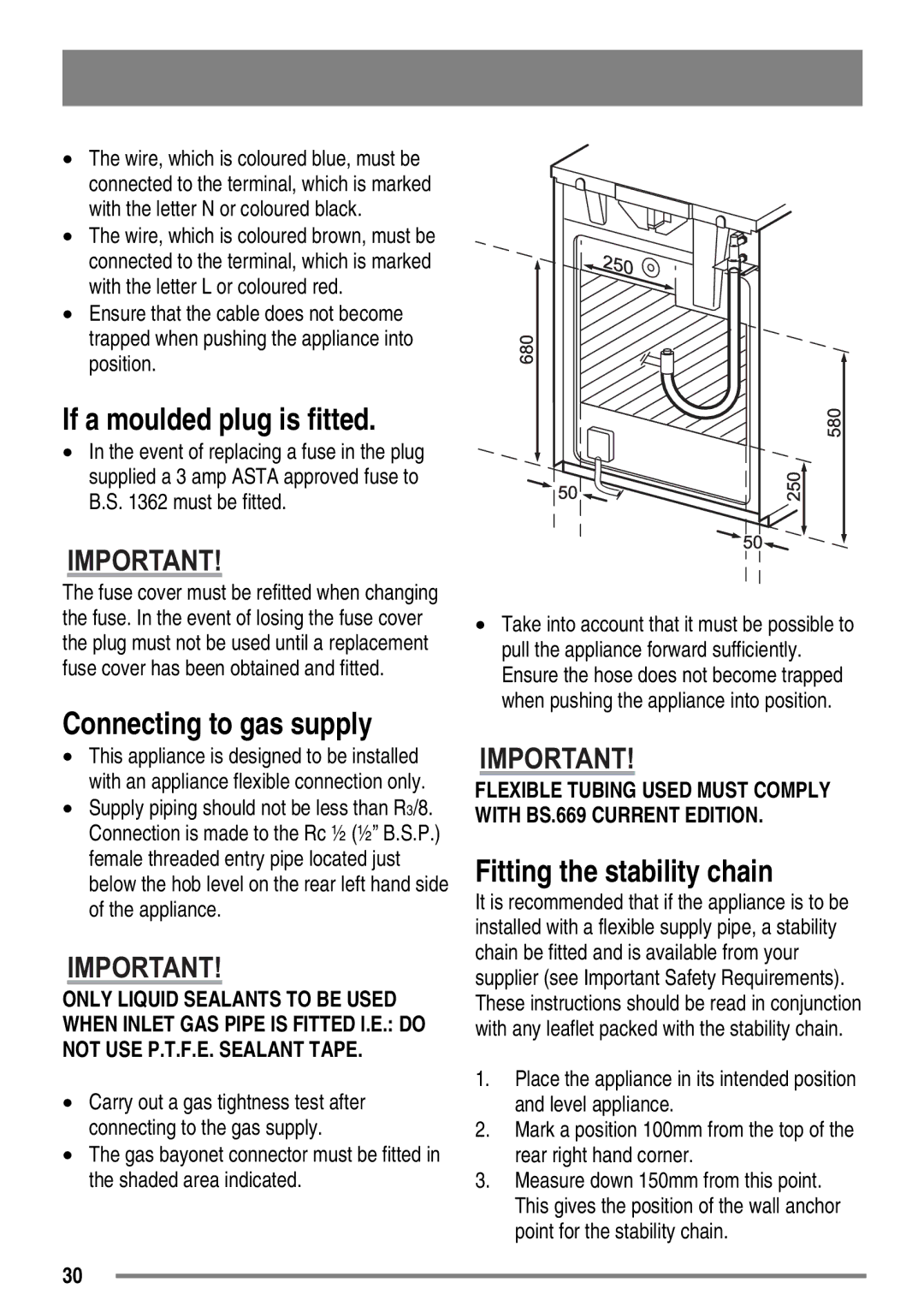 Zanussi ZKG5530 user manual If a moulded plug is fitted, Connecting to gas supply, Fitting the stability chain 