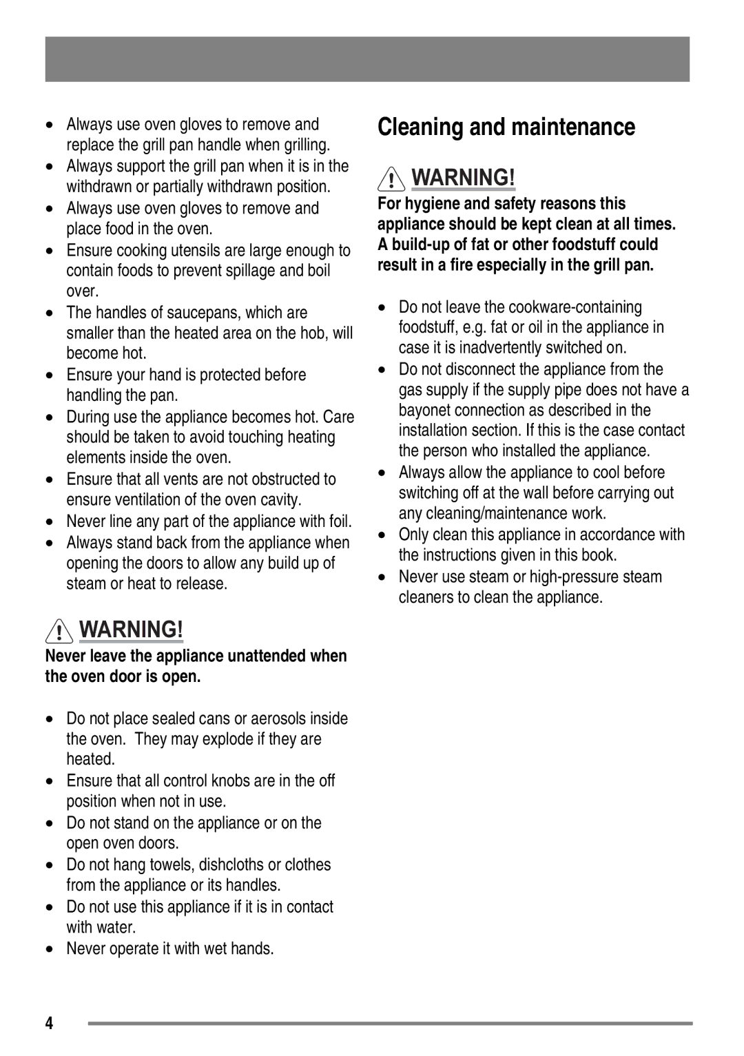 Zanussi ZKG5530 user manual Cleaning and maintenance 