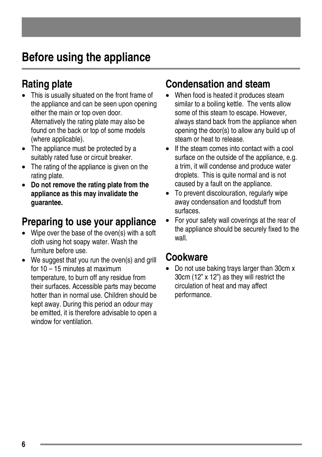 Zanussi ZKG5530 user manual Before using the appliance, Rating plate, Condensation and steam, Cookware 