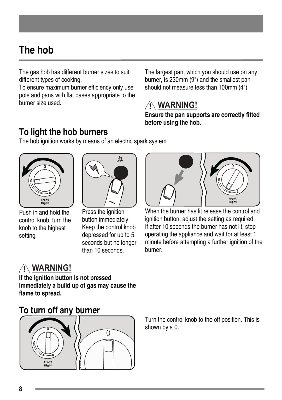 Zanussi ZKG5530 user manual Hob, To light the hob burners, To turn off any burner 