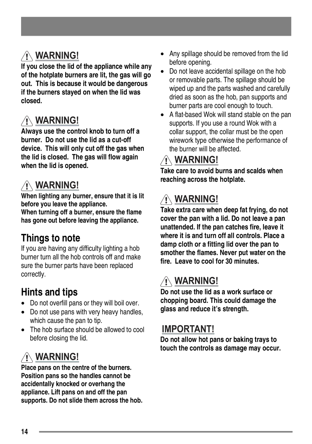 Zanussi ZKG5540 user manual Things to note, Hints and tips, Do not overfill pans or they will boil over 