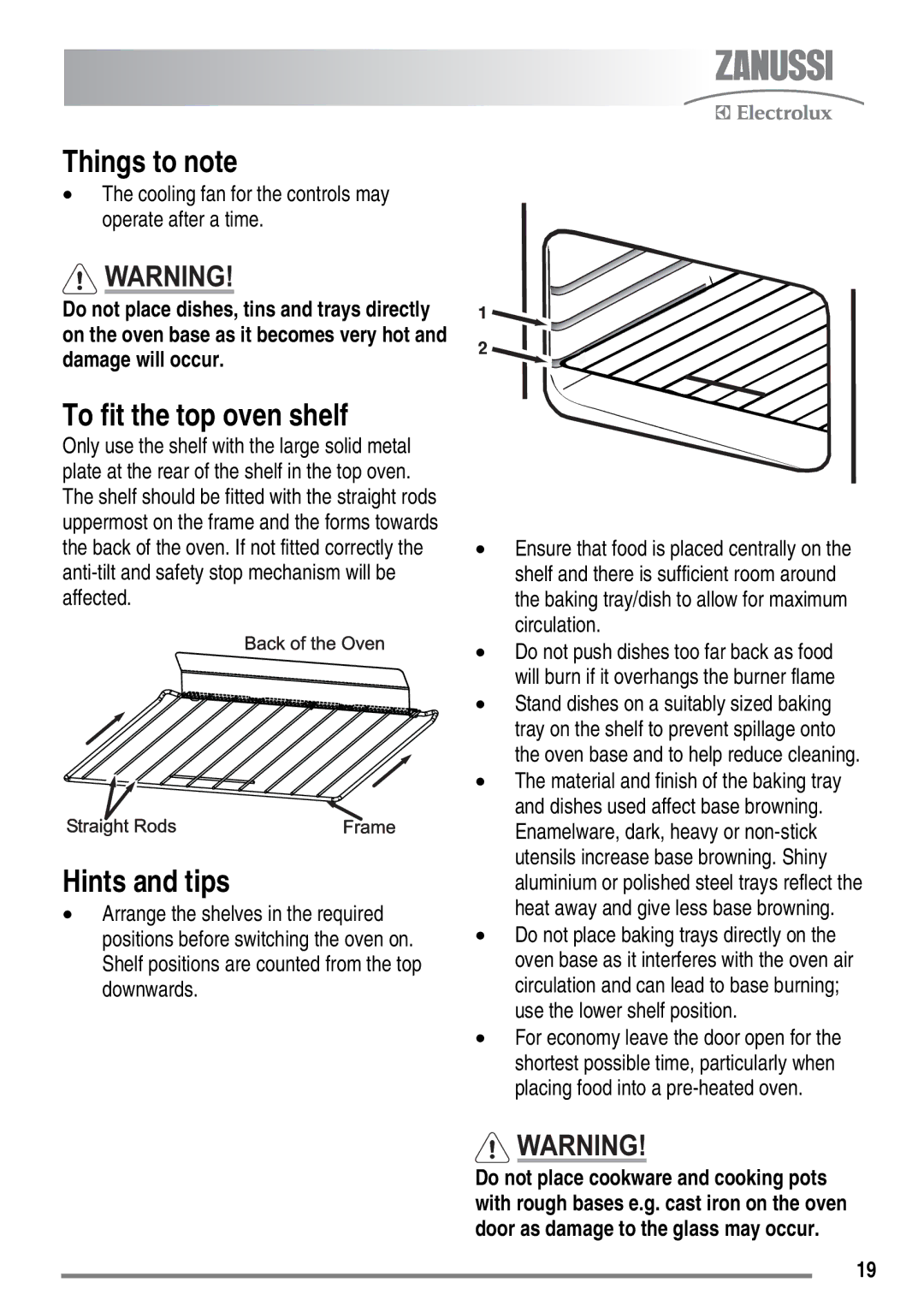 Zanussi ZKG5540 user manual Things to note, To fit the top oven shelf 