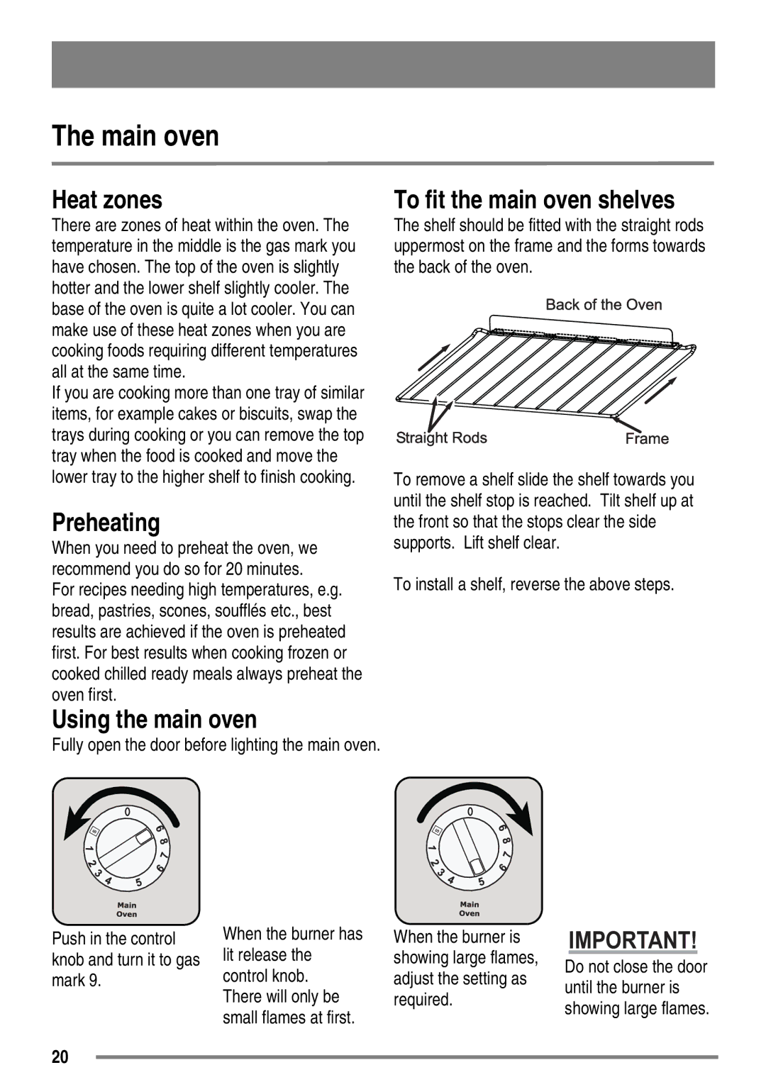 Zanussi ZKG5540 user manual Main oven, Heat zones, To fit the main oven shelves, Using the main oven 