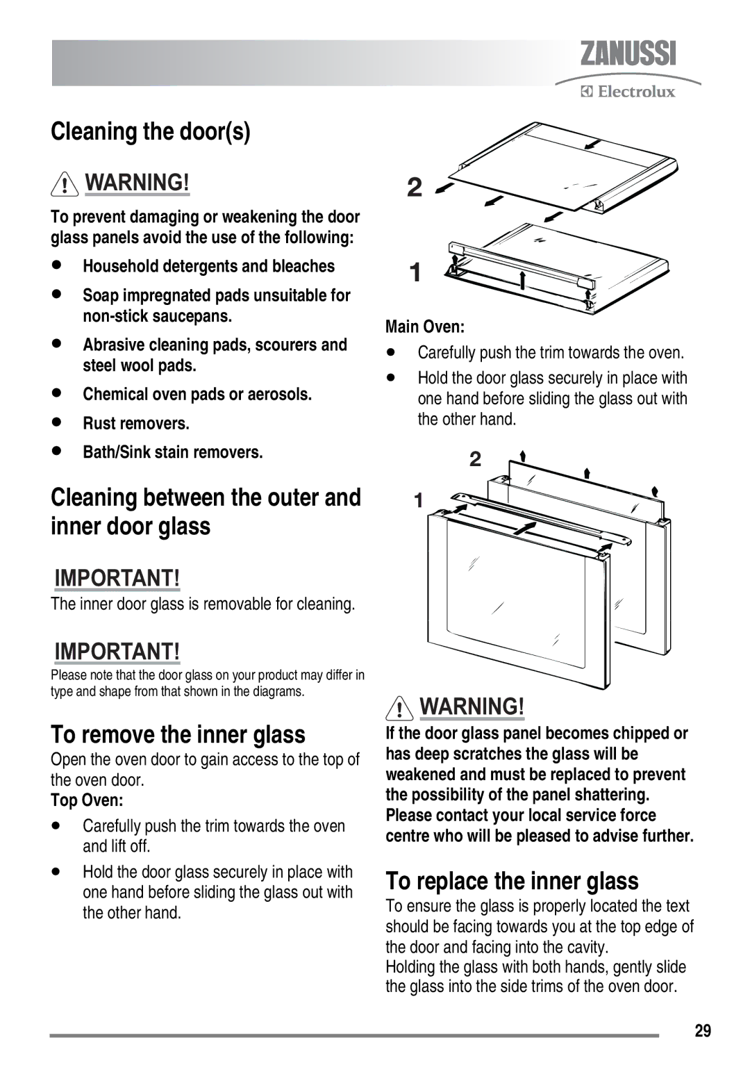 Zanussi ZKG5540 user manual Cleaning the doors, To remove the inner glass, To replace the inner glass 