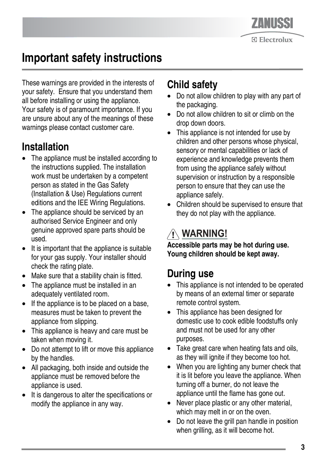 Zanussi ZKG5540 user manual Important safety instructions, Installation, Child safety, During use 