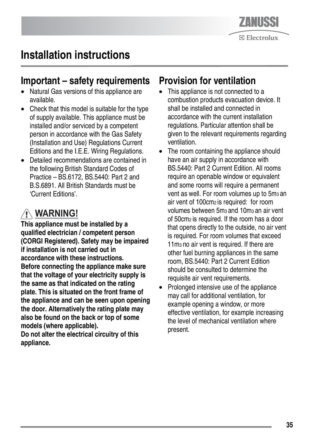 Zanussi ZKG5540 user manual Installation instructions, Provision for ventilation, Important safety requirements 